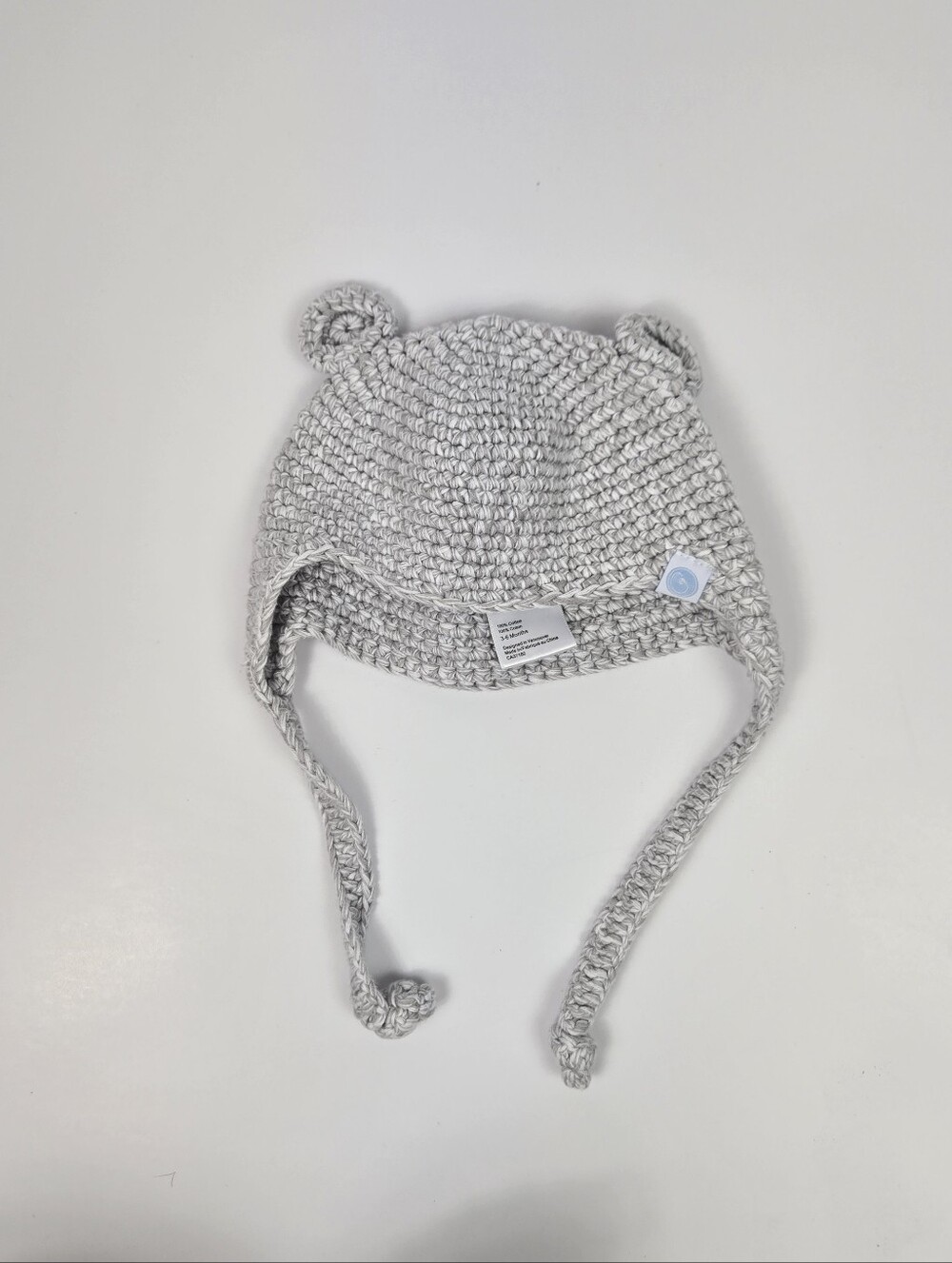 Beba Bean Baby Gray Crochet Knit Bear Hat Bonnet 3-6M 100% Cotton